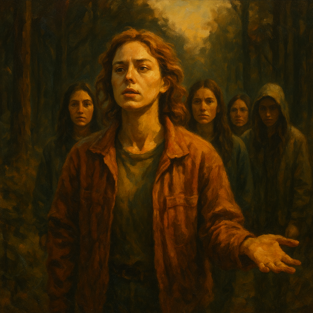 A cinematic oil painting inspired by Yellowjackets, showing Lottie Matthews standing in a misty forest surrounded by candle-holding followers — symbolizing the rise of her cult, faith, and trauma.