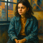 An oil painting inspired by Only Murders in the Building, showing a young woman symbolizing Mabel Mora standing in a vintage New York apartment hallway illuminated by warm light, surrounded by mystery and subtle crime-related details.