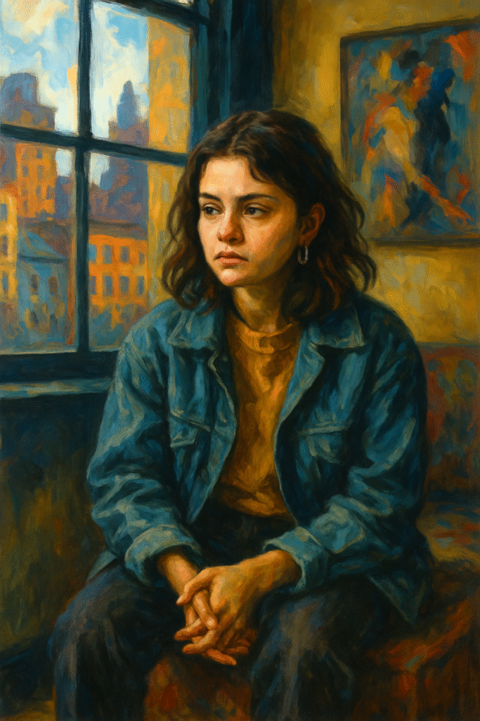An oil painting inspired by Only Murders in the Building, showing a young woman symbolizing Mabel Mora standing in a vintage New York apartment hallway illuminated by warm light, surrounded by mystery and subtle crime-related details.