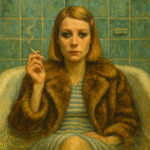 Margot Tenenbaum in a bathtub with green tiles, fur coat and cigarette—stoic gaze capturing emotional distance.