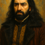 An oil painting of Nandor the Relentless from What We Do in the Shadows, standing in a candlelit Gothic mansion. The artwork captures his regal yet melancholic expression, symbolizing immortality, loneliness, and the struggle to remain relevant in a changing world.