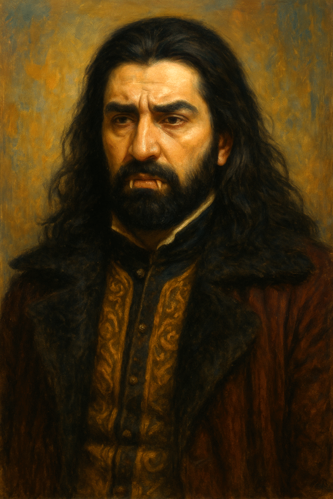 An oil painting of Nandor the Relentless from What We Do in the Shadows, standing in a candlelit Gothic mansion. The artwork captures his regal yet melancholic expression, symbolizing immortality, loneliness, and the struggle to remain relevant in a changing world.