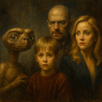 An oil painting depicting four outsider characters from film and television, each representing different forms of alienation and belonging, painted in a cinematic, semi-realistic style.