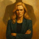 Semi-realistic oil painting of a powerful woman in abstract tones, symbolizing femininity, control, and the psychological cost of power in media narratives.