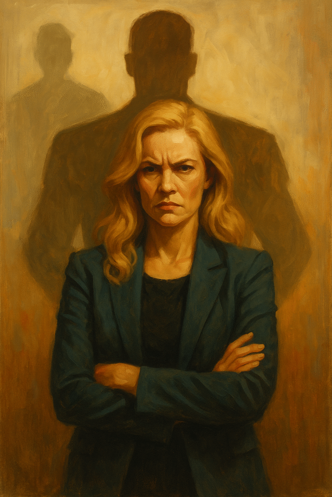Semi-realistic oil painting of a powerful woman in abstract tones, symbolizing femininity, control, and the psychological cost of power in media narratives.