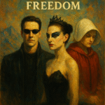 An oil painting symbolizing the paradox of control and freedom, featuring a ballerina between light and shadow, a woman in a red cloak walking toward an open door, and a figure choosing between mechanical and organic paths, inspired by The Matrix, Black Swan, and The Handmaid’s Tale.