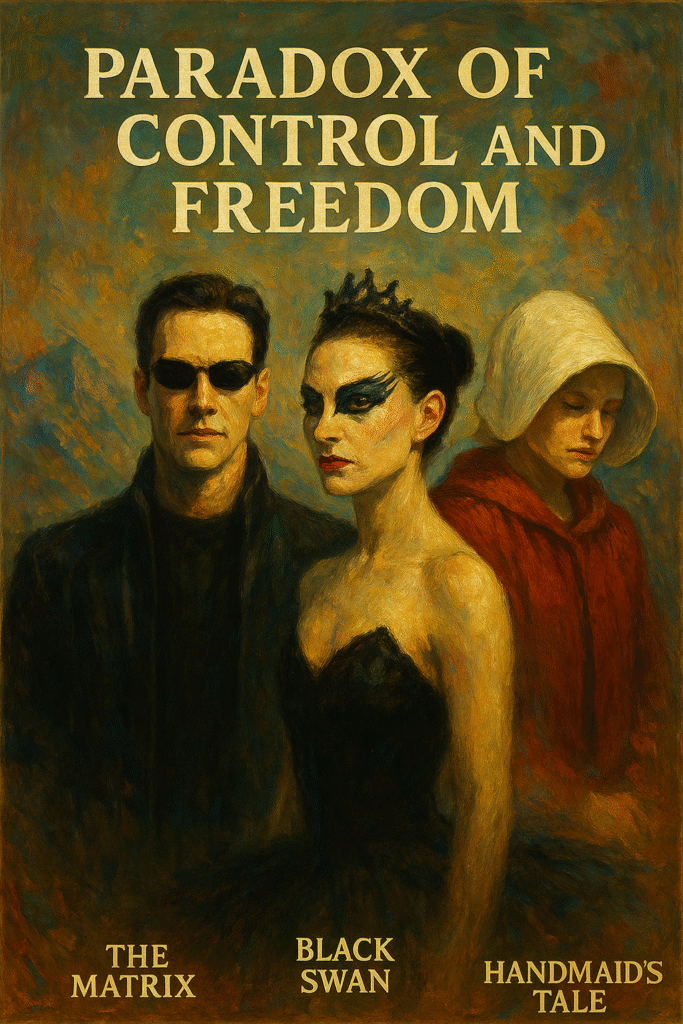 An oil painting symbolizing the paradox of control and freedom, featuring a ballerina between light and shadow, a woman in a red cloak walking toward an open door, and a figure choosing between mechanical and organic paths, inspired by The Matrix, Black Swan, and The Handmaid’s Tale.