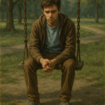 A realistic oil painting of an adult sitting in a daylight-filled apartment surrounded by childhood objects like toys and comics, symbolizing the emotional struggle of the Peter Pan Syndrome — the refusal to grow up.