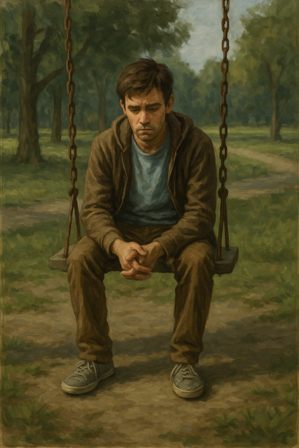 A realistic oil painting of an adult sitting in a daylight-filled apartment surrounded by childhood objects like toys and comics, symbolizing the emotional struggle of the Peter Pan Syndrome — the refusal to grow up.