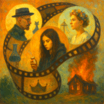 Film-strip collage of Walter White, Rue with pill bottle, and Dani in flower crown, symbolizing repetition compulsion and trauma in storytelling.