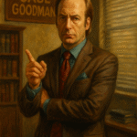 A realistic oil painting of Saul Goodman in his colorful law office, half smiling confidently and half shadowed in moral conflict, symbolizing his dual identity and ethical struggles in Better Call Saul and Breaking Bad.