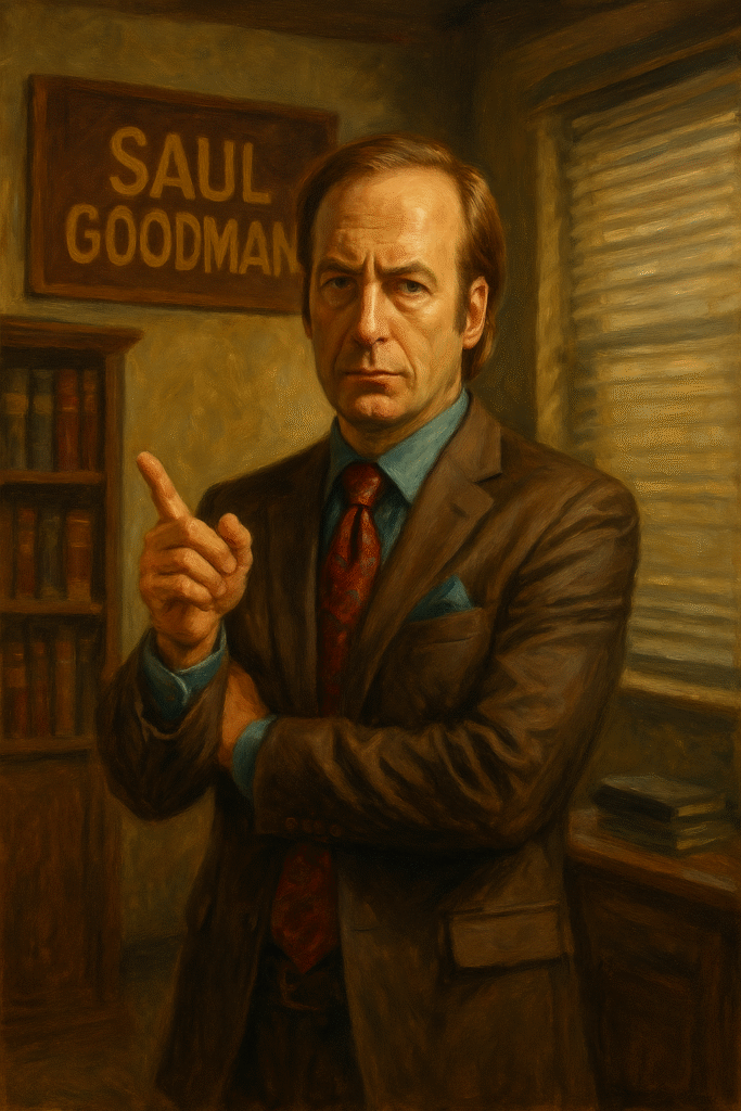 A realistic oil painting of Saul Goodman in his colorful law office, half smiling confidently and half shadowed in moral conflict, symbolizing his dual identity and ethical struggles in Better Call Saul and Breaking Bad.