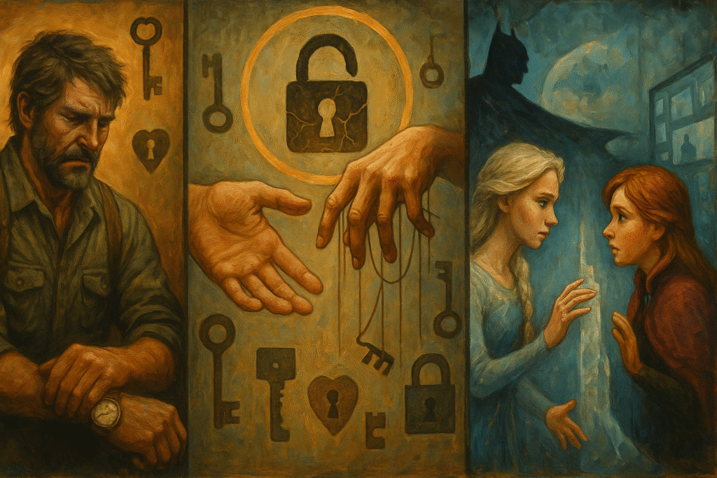Triptych of Joel, puppet-string hands with keys, and Elsa facing Anna—symbolizing savior complex and the line between help and control.