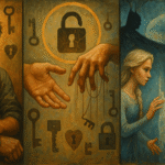 Triptych of Joel, puppet-string hands with keys, and Elsa facing Anna—symbolizing savior complex and the line between help and control.