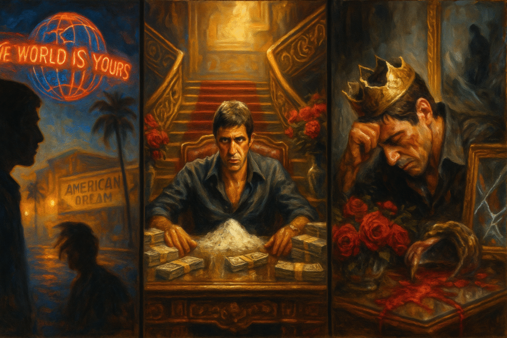 Triptych of Tony Montana: Miami arrival under ‘The World Is Yours,’ power at the desk, and tragic fall—desire, ambition, moral decay.