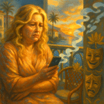 Tanya McQuoid on a resort balcony at sunset, staring at an unread message; comedy/tragedy masks and lotus motifs signal lonely disconnection.