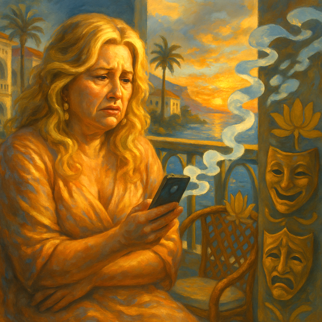 Tanya McQuoid on a resort balcony at sunset, staring at an unread message; comedy/tragedy masks and lotus motifs signal lonely disconnection.