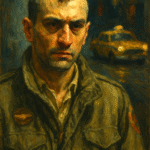 A realistic oil painting of Travis Bickle from Taxi Driver, sitting alone in his taxi, symbolizing loneliness and urban isolation.