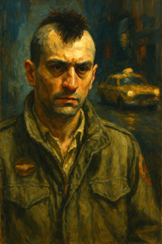 A realistic oil painting of Travis Bickle from Taxi Driver, sitting alone in his taxi, symbolizing loneliness and urban isolation.