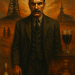 Oil painting of Daniel Plainview amid oil rigs and church shadows, symbolizing misogyny, power, and isolation in There Will Be Blood.
