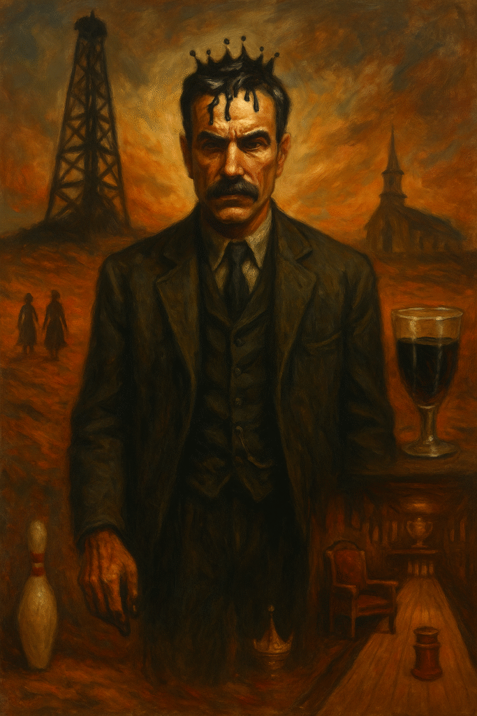 Oil painting of Daniel Plainview amid oil rigs and church shadows, symbolizing misogyny, power, and isolation in There Will Be Blood.