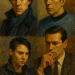 Oil portraits of Sherlock, Spock, Lisbeth, and Don Draper, each tense and inward—icons of characters who can’t name what they feel.