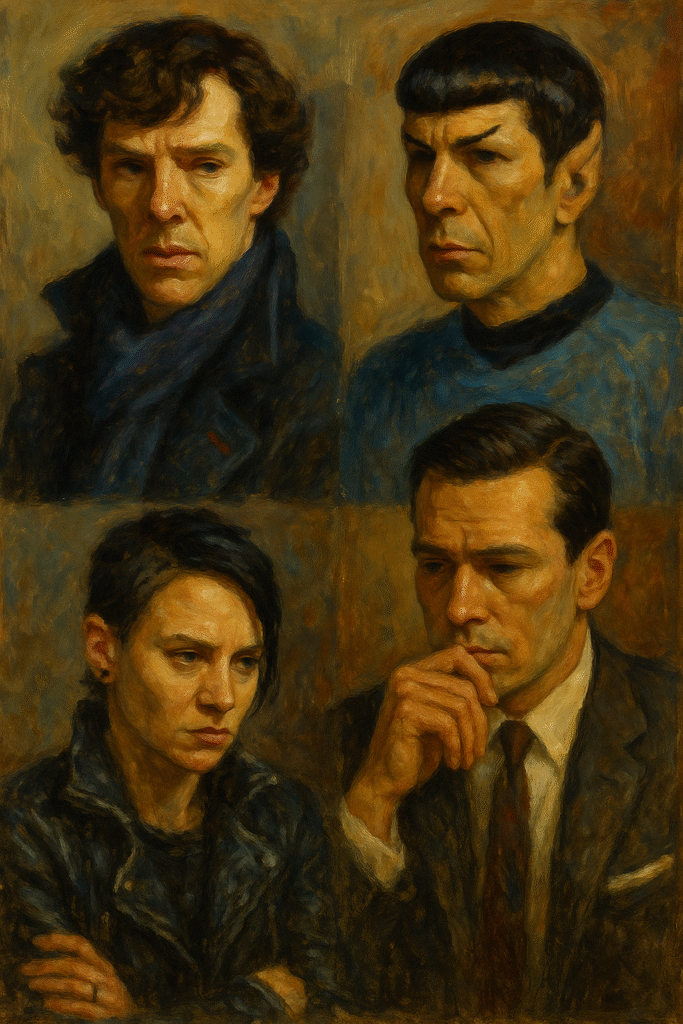 Oil portraits of Sherlock, Spock, Lisbeth, and Don Draper, each tense and inward—icons of characters who can’t name what they feel.