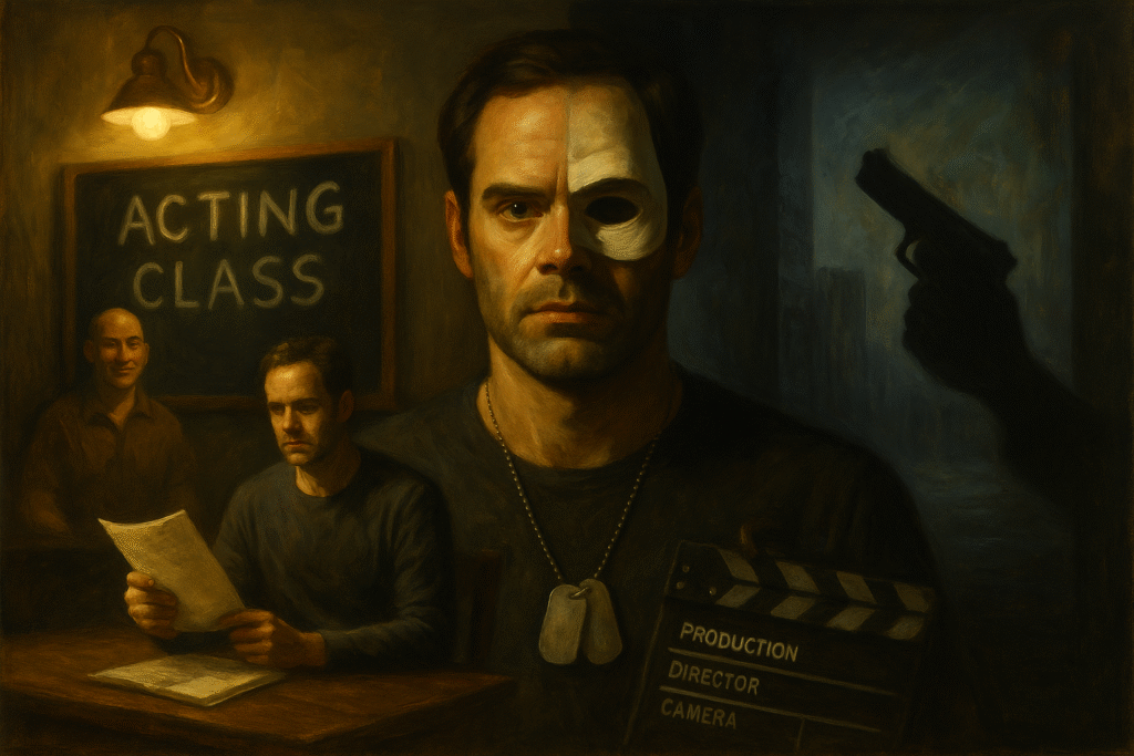 Barry with a half-theatre mask between an acting class and a shadowed gun silhouette—double life of vulnerability and violence.