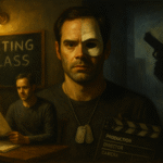 Barry with a half-theatre mask between an acting class and a shadowed gun silhouette—double life of vulnerability and violence.