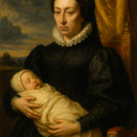 Catherine de’ Medici sits on a throne in black gown holding an infant, palace window behind—royal motherhood as political power.