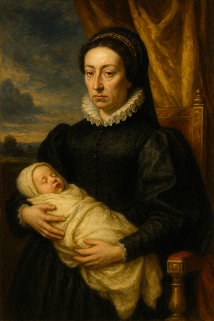 Catherine de’ Medici sits on a throne in black gown holding an infant, palace window behind—royal motherhood as political power.