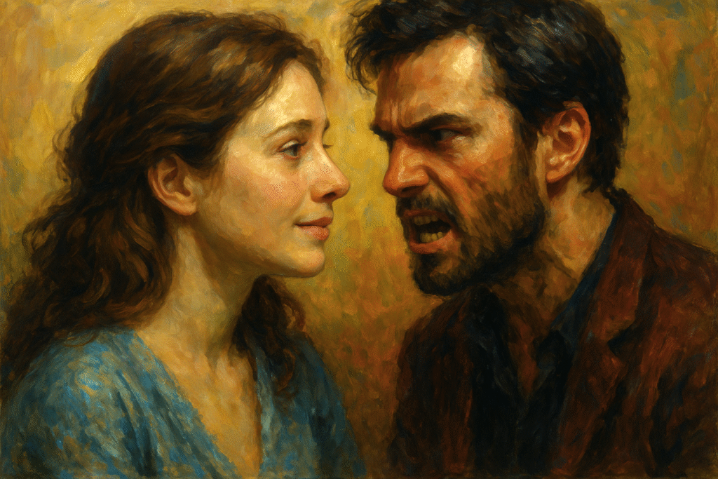 Oil painting of a couple face-to-face: a serene, loving woman contrasts with an enraged, scowling man—visualizing splitting from idealization to devaluation.
