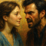 Oil painting of a couple face-to-face: a serene, loving woman contrasts with an enraged, scowling man—visualizing splitting from idealization to devaluation.