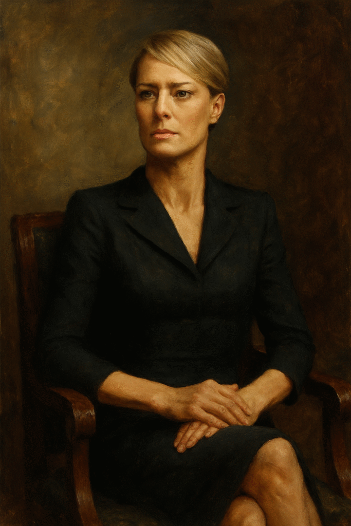 Claire Underwood–like figure in black dress, seated in an armchair, calm and poised, embodying controlled silence and authority.