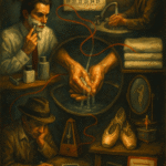 Oil painting of a person executing meticulous morning rituals—aligned toiletries, folded towels, ticking clock—symbolizing control addiction and anxiety relief.
