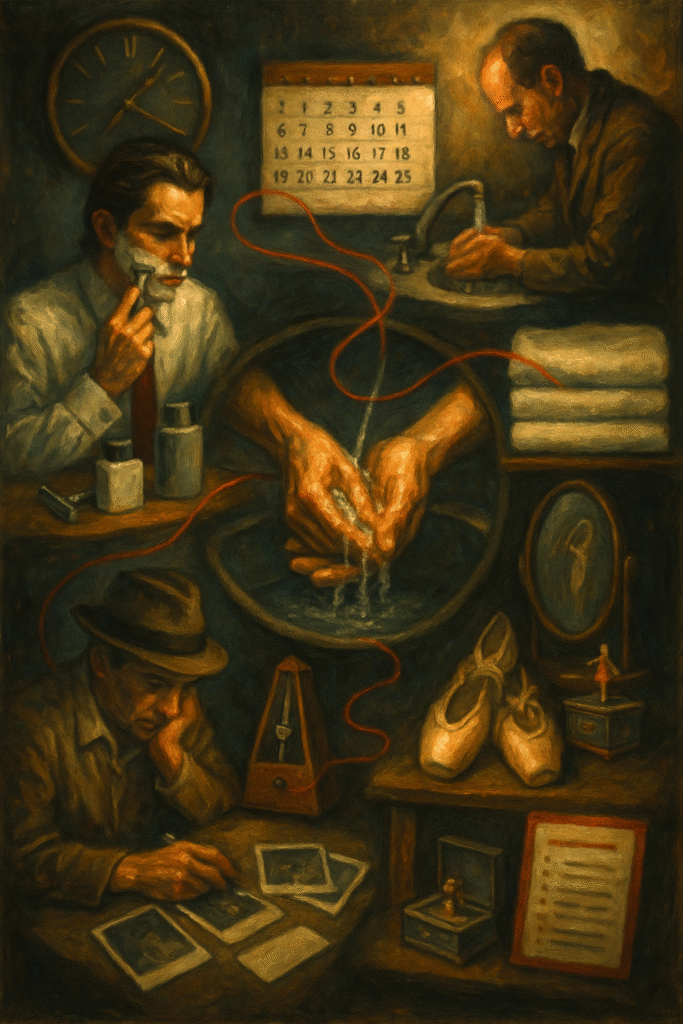 Oil painting of a person executing meticulous morning rituals—aligned toiletries, folded towels, ticking clock—symbolizing control addiction and anxiety relief.