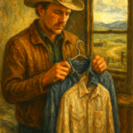 Ennis Del Mar stands by his small trailer holding Jack’s shirt, distant mountain under soft sky—quiet grief and suppressed identity.