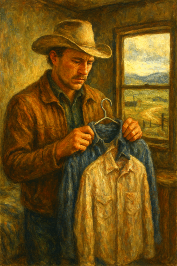 Ennis Del Mar stands by his small trailer holding Jack’s shirt, distant mountain under soft sky—quiet grief and suppressed identity.
