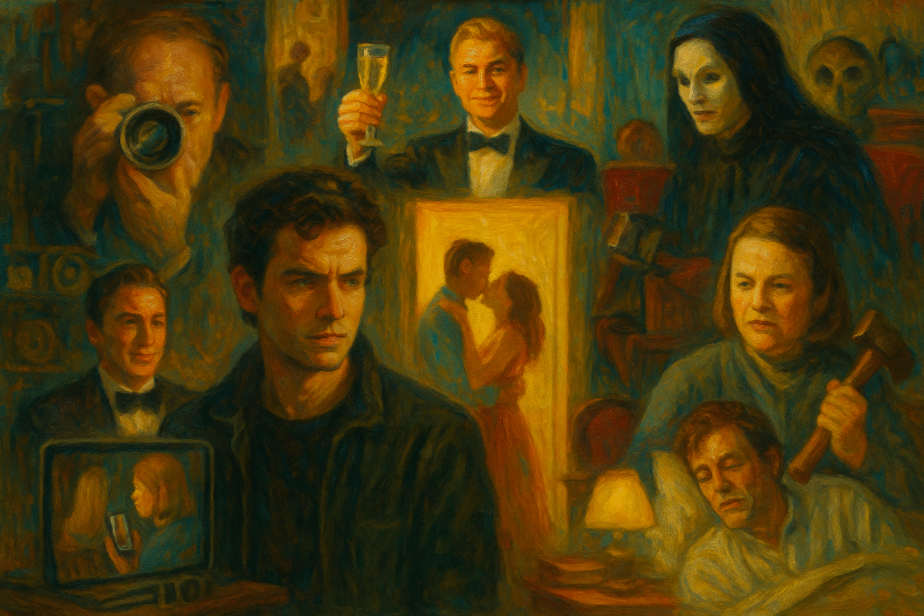 Oil collage of romantic couple framed by watchers, masks, screens, and captive writer—obsessive limerence vs love in film and TV.