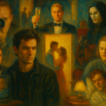 Oil collage of romantic couple framed by watchers, masks, screens, and captive writer—obsessive limerence vs love in film and TV.