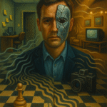 Man with cracked mask over half his face on warped checkerboard; office vs. living-room split, vintage camera—sanity unraveling.