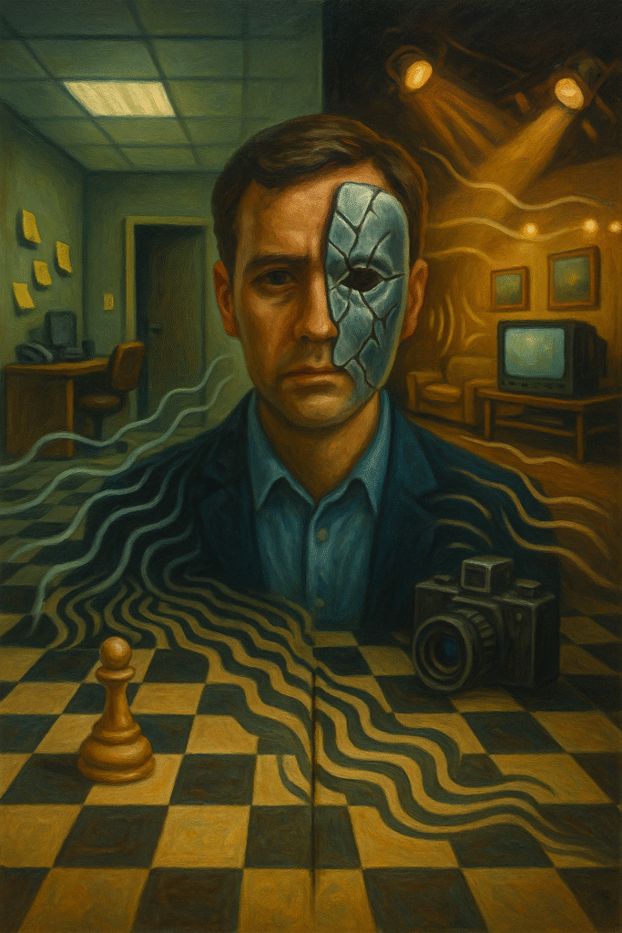 Man with cracked mask over half his face on warped checkerboard; office vs. living-room split, vintage camera—sanity unraveling.