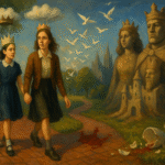 Two schoolgirls with paper crowns walk a garden path toward giant monarch statues; journal pages become birds—Borovnia fantasy vs. reality.
