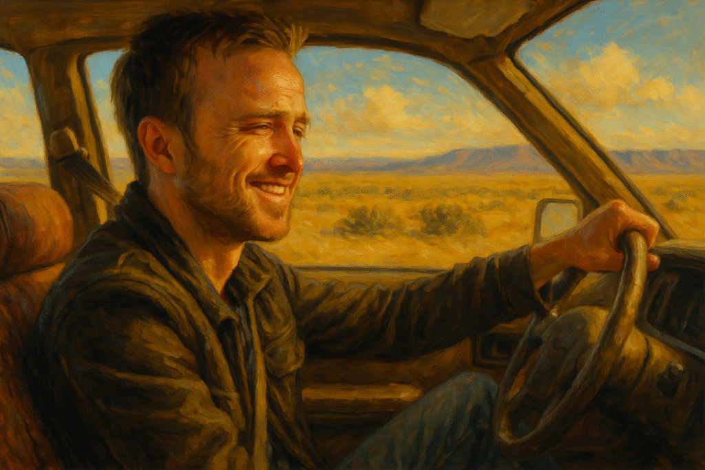 Jesse Pinkman drives a bright El Camino through sunlit desert highway, dust trailing, hinting at fragile freedom and possible redemption.