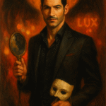 Vertical oil painting of Lucifer Morningstar at Lux, silhouetted shadow-wings behind him, cracked mirror and therapy chair symbols—ego, punishment, and identity.