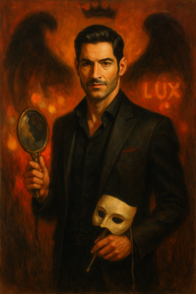 Vertical oil painting of Lucifer Morningstar at Lux, silhouetted shadow-wings behind him, cracked mirror and therapy chair symbols—ego, punishment, and identity.
