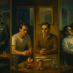 Oil painting of a man moving between four rooms, each symbolizing separate lives and roles, visualizing psychological compartmentalization.