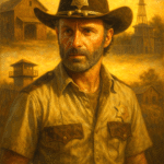 Rick Grimes stands in sunlit prison yard, revolver lowered, machete on hip; fences and distant walkers hint at hard-won leadership.