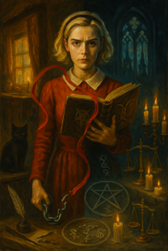 Sabrina Spellman oil painting symbolizing rebellion, dual identity, and autonomy — The Chilling Adventures of Sabrina themes and symbolism