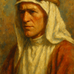 Oil portrait of T.E. Lawrence in keffiyeh, three-quarter profile—symbolizing idealism, identity split, and mythmaking.
